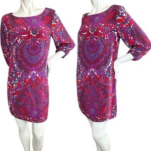 Trina Turk Kelly Purple Red White Floral 100% Silk Long Sleeve Mini Dress Size 4